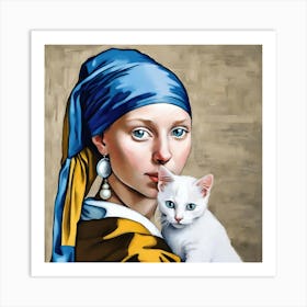 Girl With The Pearl And White Cat Art Print