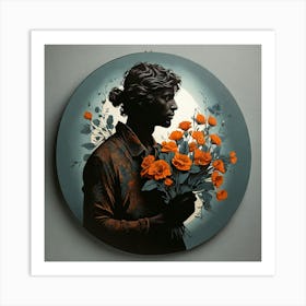 Boho art silhouette of a man with a bouquet of flowers Art Print