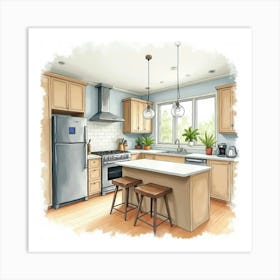 Inviting Watercolor Painting Of A Stylish Kitchen 1 Art Print