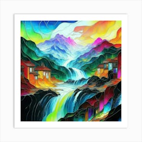 Abstract art stained glass art of a mountain village in watercolor 16 Art Print