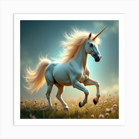 A Mythical Unicorn With A Mane Of Sparkling, Celestial Dust Galloping Through A Surreal Meadow 1 Art Print