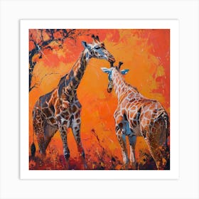 Giraffes Eating Tree Branches Brushstroke 1 Art Print