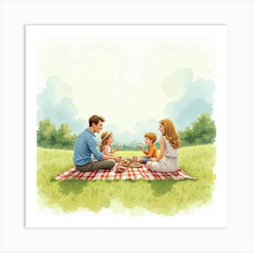 Watercolor Illustration Of A Family Picnic In An English Countryside Meadow 1 Art Print