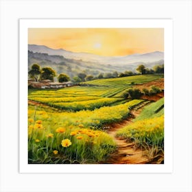 Watercolor A Serene Landscape In Rural India Bathed In The Warm Earthy Tones Art Print