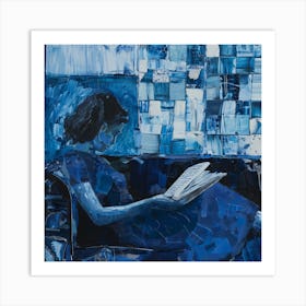 Woman Reading Book Monochromatic Figuration in Blue 1 Art Print