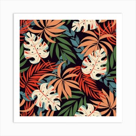 Fashionable Seamless Tropical Pattern With Bright Pink Yellow Plants Leaves Art Print