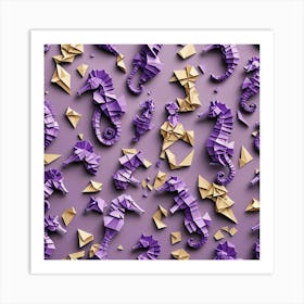 Origami Seahorses On Purple Background 1 Art Print