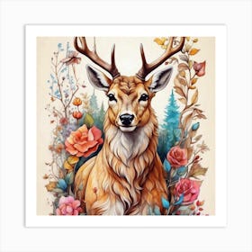 Deer With Roses 1 Art Print