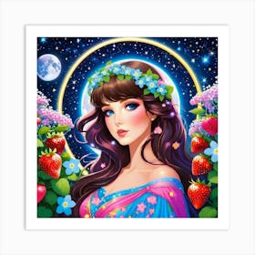 Girl With Flowers And Strawberries Art Print