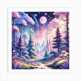 A Fantasy Forest With Twinkling Stars In Pastel Tone Square Composition 57 Art Print