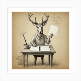 Deer Writing At Desk Art Print