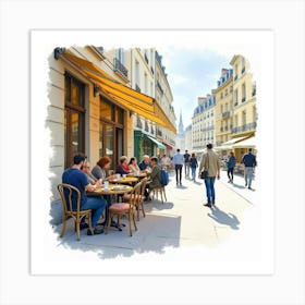 Watercolor Parisian Street Café With Patrons Enjoying Croissants And Coffee 1 Art Print