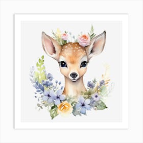 Cute Fawn With Flowers Art Print