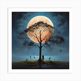 Shadow of the girl with the tree near the full moon 2 Art Print