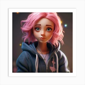 Cute Girl With Pink Hair Art Print