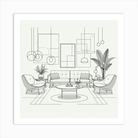 Minimalist Line Art Of Mid Century Furniture Pieces Arranged In A Stylish Living Room Setting, Style Line Drawing 3 Art Print