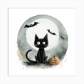 Cute Halloween Black Cat, Bats & Pumpkin Art Print