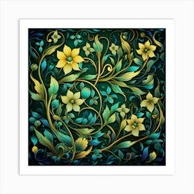 Floral Pattern On A Dark Background Art Print