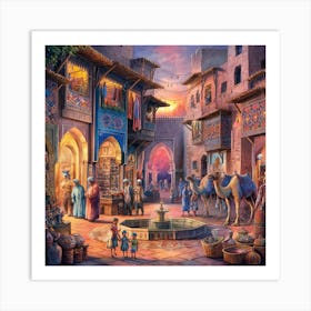 Moroccan Market At Dusk A Vibrant Watercolor Of Textiles And Traditions (4) Art Print