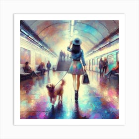 Girl With Dog In Subway Station Art Print