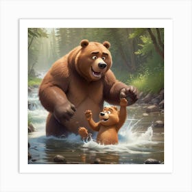 Cartoon Papa And Baby Bear Splashing Art Print