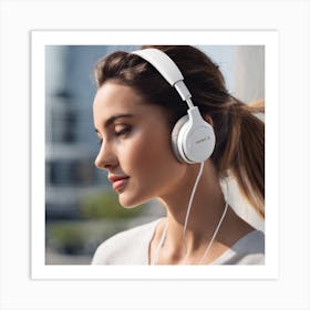 Woman Listening To Headphones Art Print