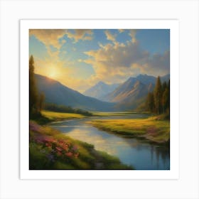 Sunlit Peaks and Flowing Stream Art Print