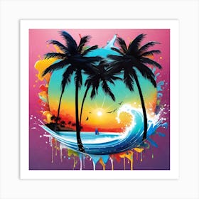 Palm Trees And Waves Art Print