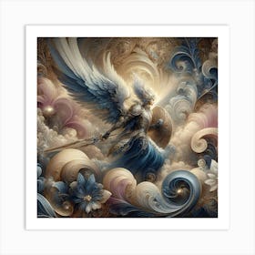 War Angel With Sword And Shield In Flowers Painting 1 Art Print