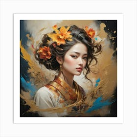 Chinese Girl With Flowers paintings art print 1 Art Print