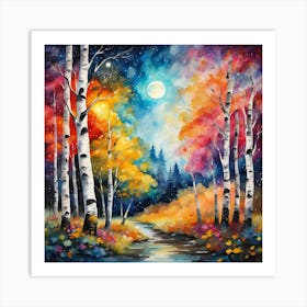 Radiant Sun: Vibrant Landscape Art with White Birch Trees and Leaves Art Print