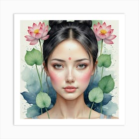 Asian Girl With Lotus Flowers Art Print