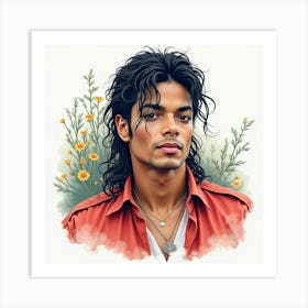 Watercolor Portrait Of Michael Jackson With A Tranquil Backdrop 1 Art Print