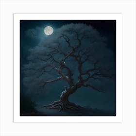 Pearl Tree In Night, With Bright Moon Art Print