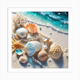 Firefly A Beautiful Feminine Flatlay Of Exotic Seashells, Corals, And Pearls On White Sands And Ocea Art Print