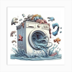 Washing Machine In The Water - A pile of laundry on a washing machine, but the clothes are not just floating in mid-air, they are dancing and swirling. The washing machine itself is also spinning upside down, and the water is flowing in all directions. The scene is rendered in a whimsical, cartoonish style. Art Print