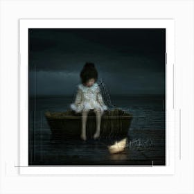 Stick Doll Exuding Melancholy Cradling A Paper Boat Set Against A Gloomy Backdrop Subdued Palette Art Print