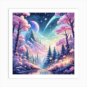 A Fantasy Forest With Twinkling Stars In Pastel Tone Square Composition 349 Art Print