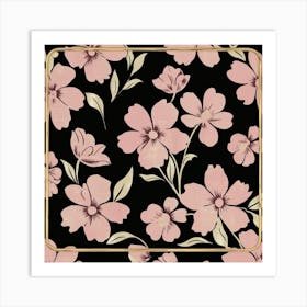 Pink and black floral design with gold border Art Print