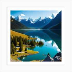 Serenity Peaks: A Majestic Lake Amidst Mountains Art Print