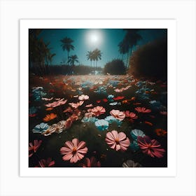 A Picture Of A Garden With Flowers Blooming At Night Under The Moon With The Camera Pointed Low Towards The Ground 3 Art Print