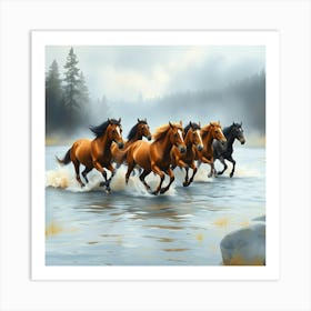 Horses Running In The River 5 Art Print