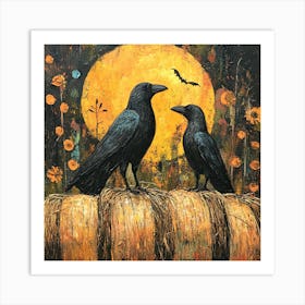 Crows On Hay Halloween Art Print