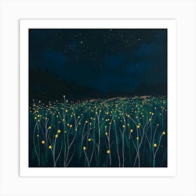 A Glowing Dark Field With Fireflies Art Print