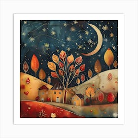 Autumn Night In The Village, Naïve Folk Art Print