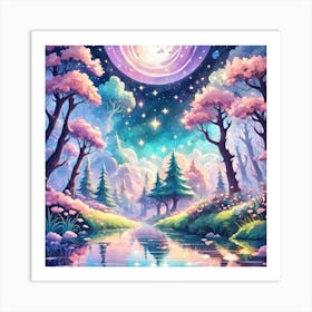 A Fantasy Forest With Twinkling Stars In Pastel Tone Square Composition 358 Art Print