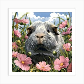 Grey Guinea Pig and Pink Flowers Art Print