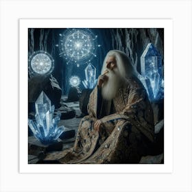 A mage thinking on the universe works in a crystaline cave Art Print