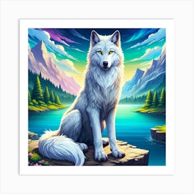 Majestic white wolf with piercing green eyes Art Print