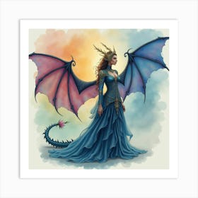 Mystical Dragon Queen In A Magical Realm, Watercolor 1 Art Print